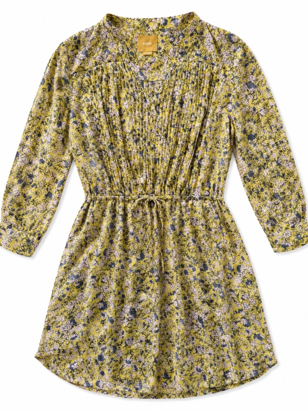 Maeve Anthropologie Yellow Floral Pintuck Drawstring Shirt Dress Medium